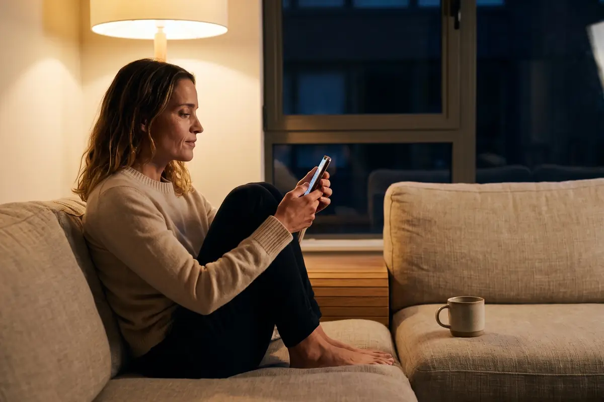 Jordan, the fictional patient, books a consultation on her phone from the sofa in the evening.