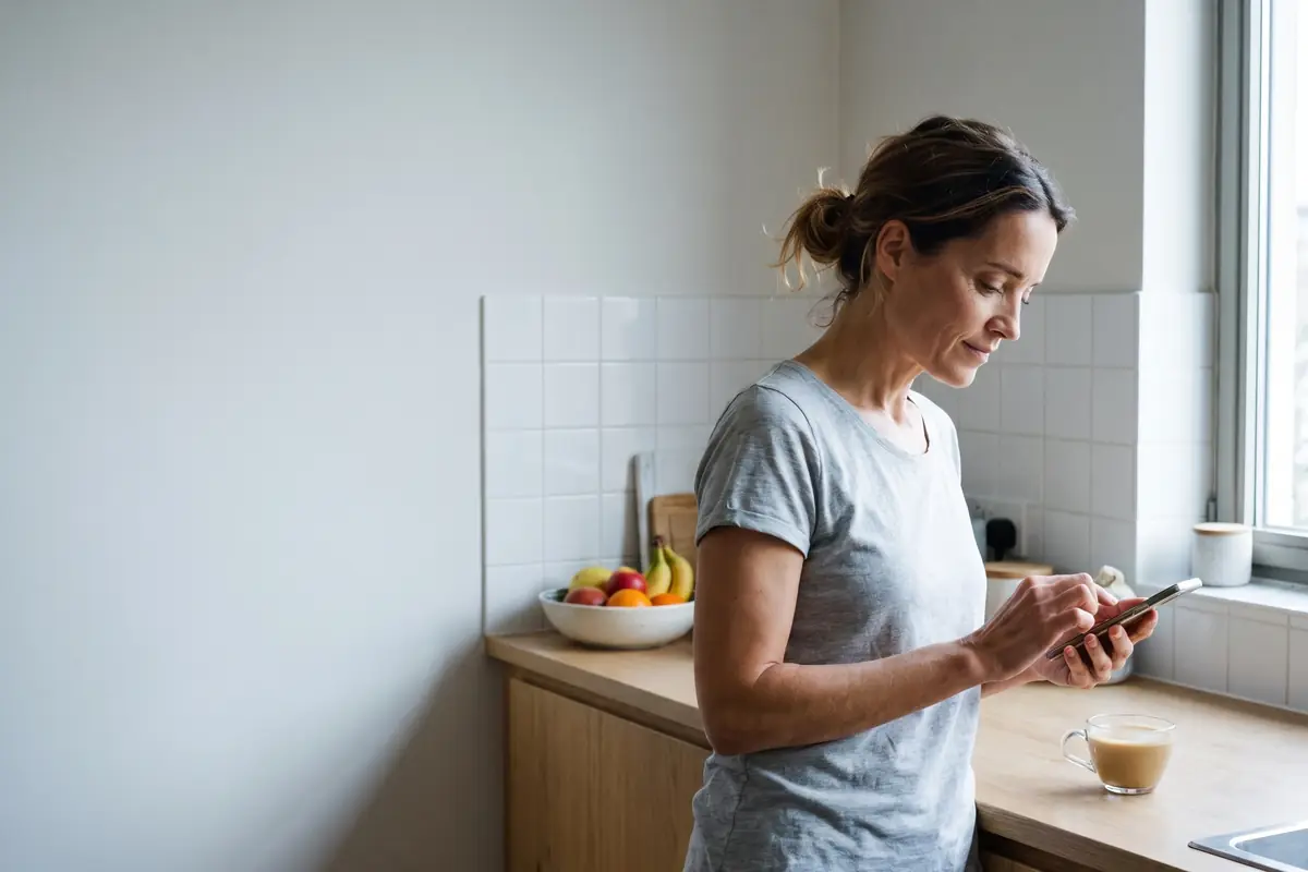Jordan fills in her health questionnaire on her phone in the kitchen before the visit.