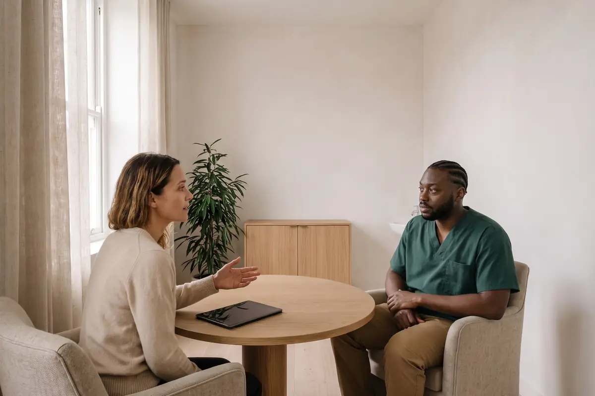 R. Osei, a nurse practitioner, listens to Jordan in a calm consultation room, a tablet on the table between them.