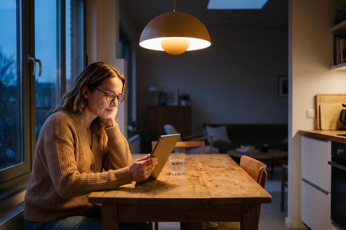 Jordan reads her consent form on a tablet at home in the evening, days before the appointment.