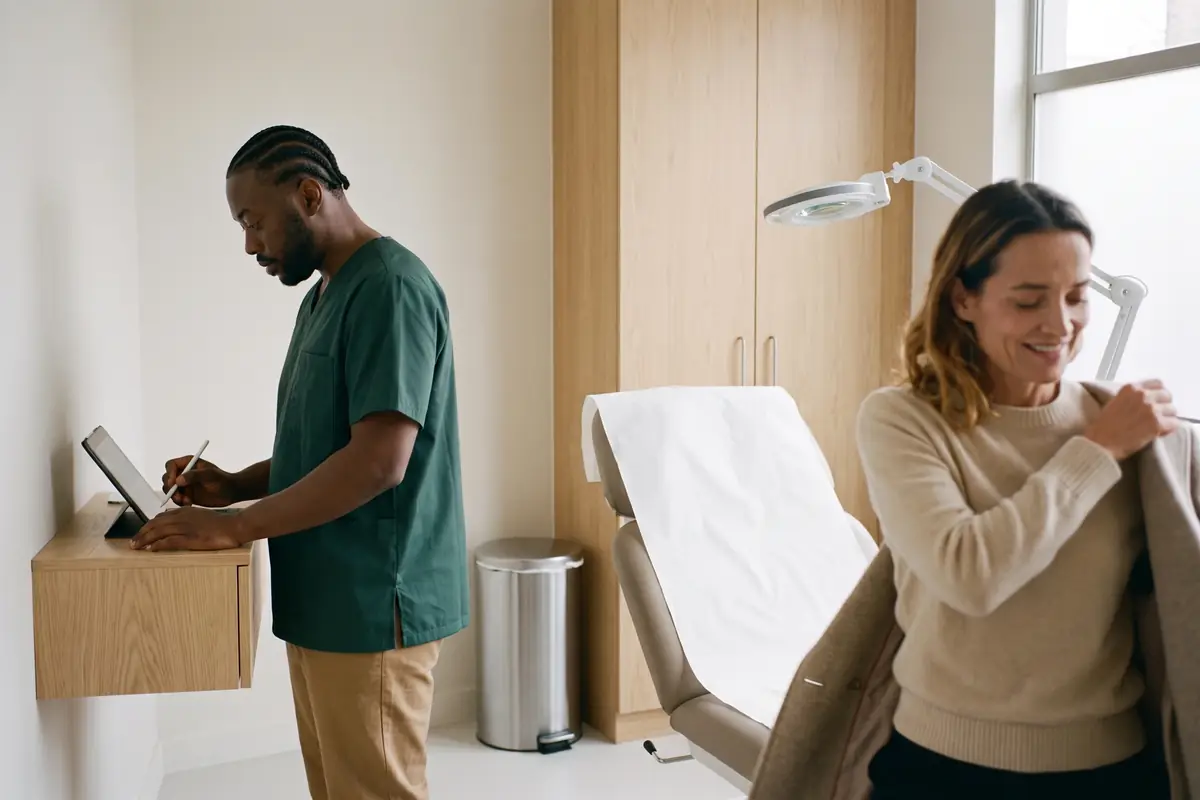 After the appointment, R. Osei writes the treatment record on a tablet while Jordan puts on her coat.
