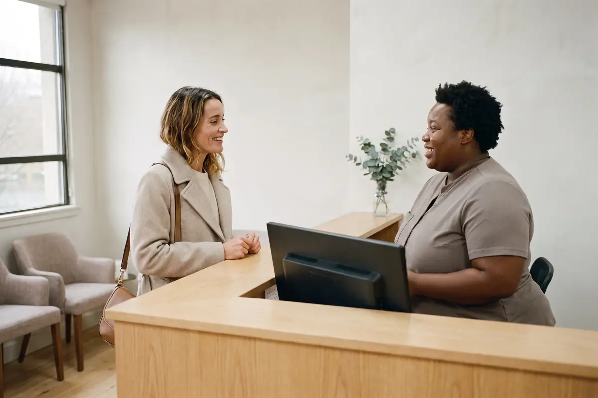 Two weeks later, Sam at the front desk welcomes Jordan back for her review visit.